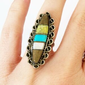 Vintage Native American sterling silver inlaid turquoise, mop gemstone ring 5.5